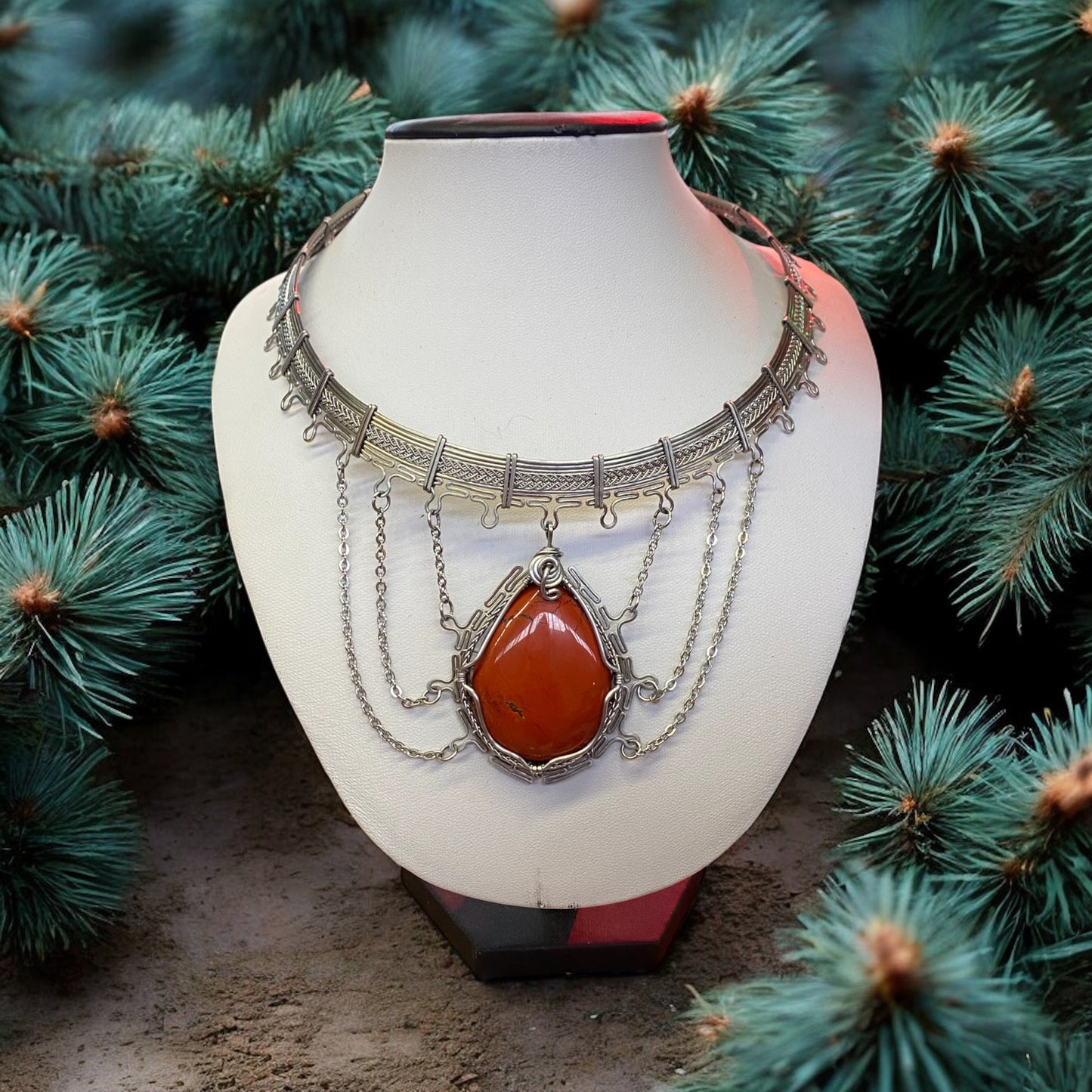 Collier en acier inoxydable & jaspe rouge