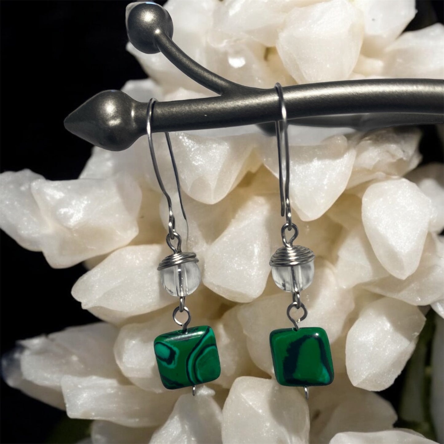 Boucles d’oreilles en acier inoxydable, perles de quartz et malachite