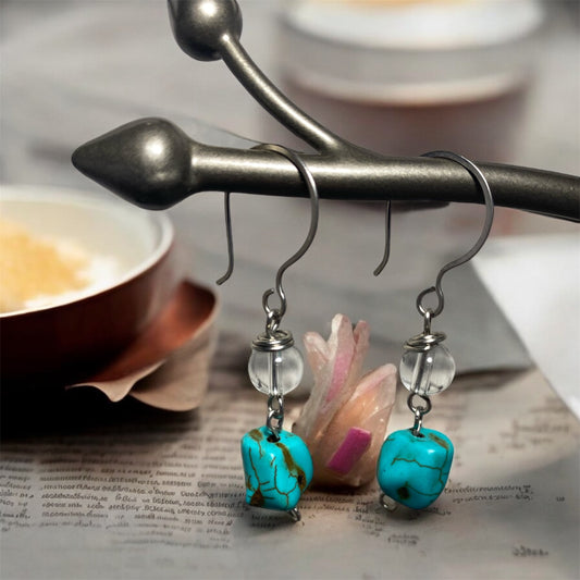 Boucles d’oreilles en acier inoxydable, quartz et howlite turquoise