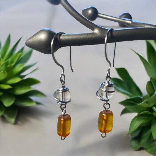 Boucles d’oreilles en ambre et quartz de roche